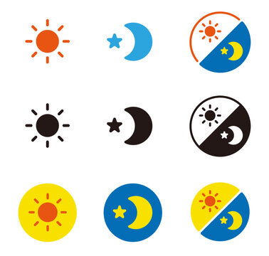 時間帯のアイコン。朝から夜まで。1日を表すイラスト。Time-of-day icons.