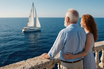 Fototapeta premium Elderly man with woman watch sailboat at sea from balcony. Couple enjoy calm blue ocean water view, distant yacht sailing on sunny day. Peaceful togetherness and leisure.