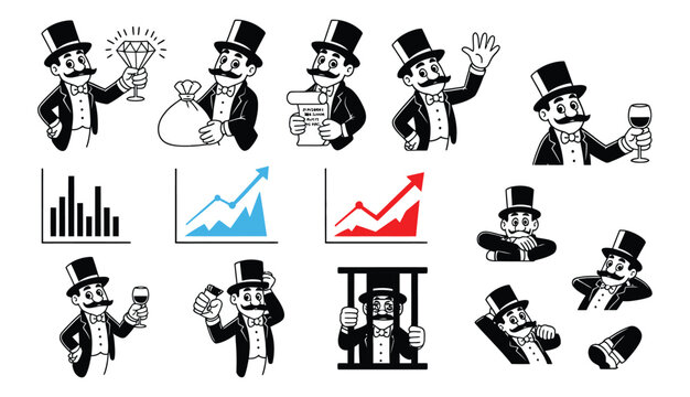 Monopoly Man Characters with Business, Finance, Investment, Wealth, Banking, and Corporate Cartoon Illustrations for Commercial Designs