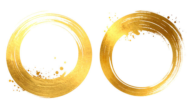 Two golden, textured brushstroke circles on a stark black backdrop. They present an imperfect, organic, yet sophisticated aesthetic