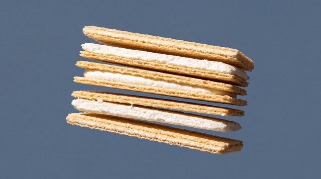 Deconstructed layered vanilla wafer biscuit floating on blue background.