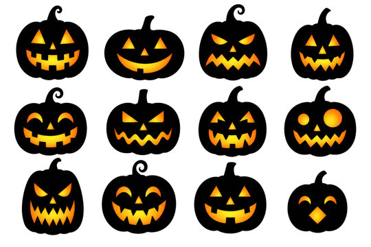 Glowing jack o lantern pumpkin silhouettes set with carved scary and happy faces illustration isolated PNG with Transparent Background