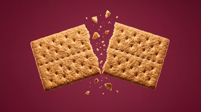 Broken graham cracker biscuit floating with flying crumbs on red background.