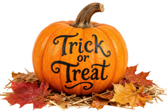 Trick or treat halloween orange pumpkin with cursive calligraphy lettering and dry autumn leaves on straw isolated PNG with Transparent Background