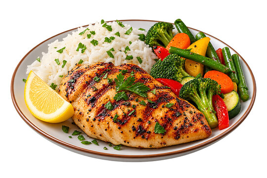 Grilled chicken breast fillet with steamed rice and fresh mixed vegetables served on transparent background