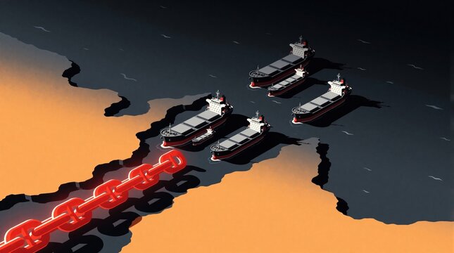 Isometric map shows cargo ships stuck in blocked shipping lane. Large red chain restricts maritime trade route between coasts. Geopolitical tension prevents vessels from moving through sea corridor.
