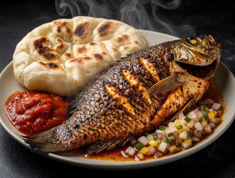 Whole grilled tilapia fish with smoky char sits on plate next to flatbread and salsa. Diced onion and pepper salad garnishes the delicious seafood dish, ready for eating.