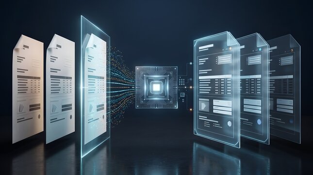 Data consolidation and document parsing concept showing multiple glowing files processed through computer microchip