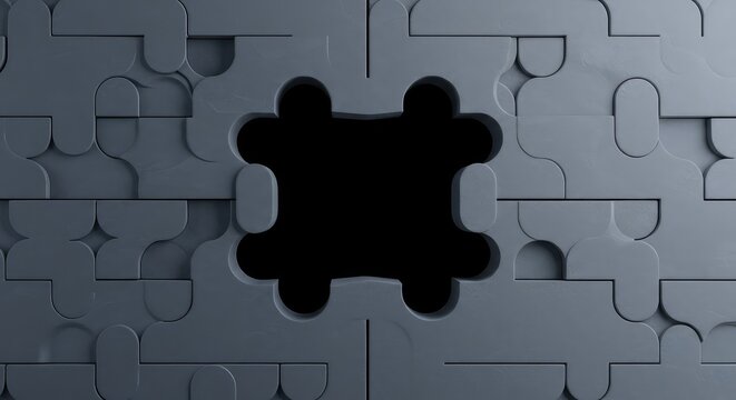 A uniform grid of interlocking shapes featuring a clearly defined empty space, illustrating a missing element or a significant design void ,template ,order ,illustration