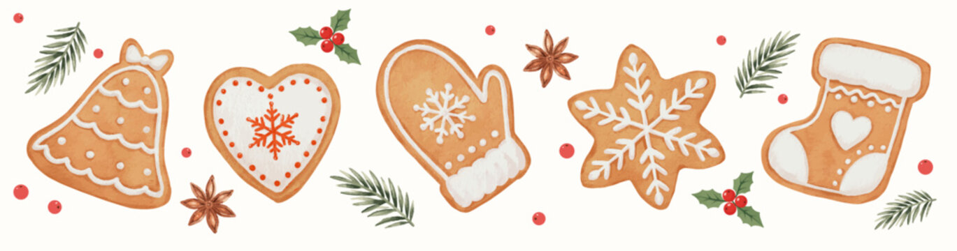 Watercolor Christmas Gingerbread Cookie Set with Tree, Heart, Mitten, Star and Stocking