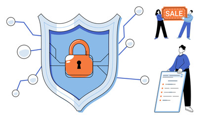 Cybersecurity shield with a padlock and people characters vector illustration. Data protection, network safety, digital privacy, online security, commerce, business management. Information defense © Dmytro