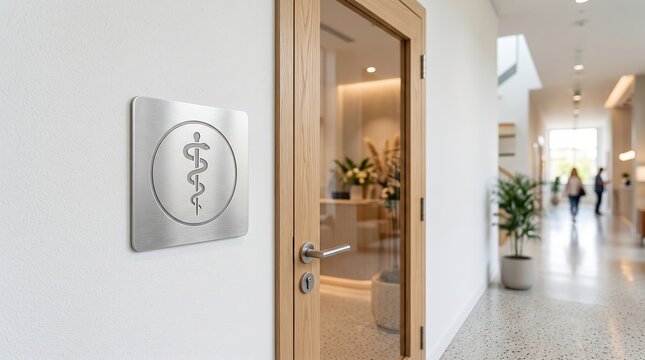 Caduceus sign on modern clinic door