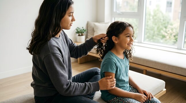 Mother, daughter and hair styling in living room with care, grooming and morning routine together. Sister, children and bonding in home with wellness, beauty and support for healthy family growth