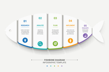 Fototapeta na wymiar Modern Fishbone Diagram Infographic Template Background with Five Step Business Process and Strategy Analysis Colorful Vector Design Layout.