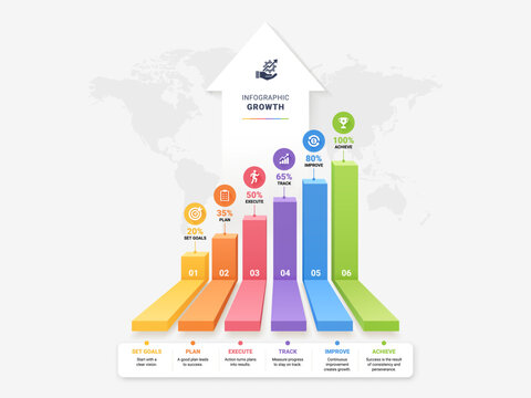 6 Step 3D Growth Staircase Infographic Template with Upward Arrow Vector llustration Background