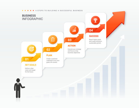 Infographic Staircase Step Business Growth timeline with 4 Step Arrow Process and Concepts for Success Diagram Background
