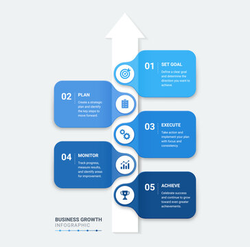 Infographic Staircase Step Business Growth timeline with 5 Step Arrow Process and Concepts for Success Diagram Background