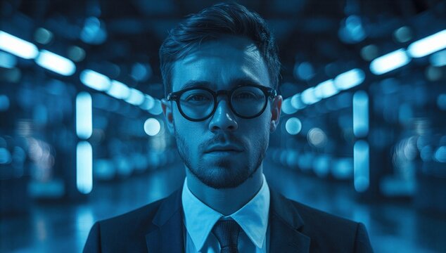 Businessman in blue light symbolizes employer of record, global hiring, payroll compliance, and remote workforce management.