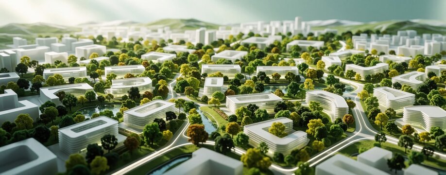Miniature city model shows eco friendly buildings among trees and water features. Architects plan future urban landscape with modern design and green spaces integration.