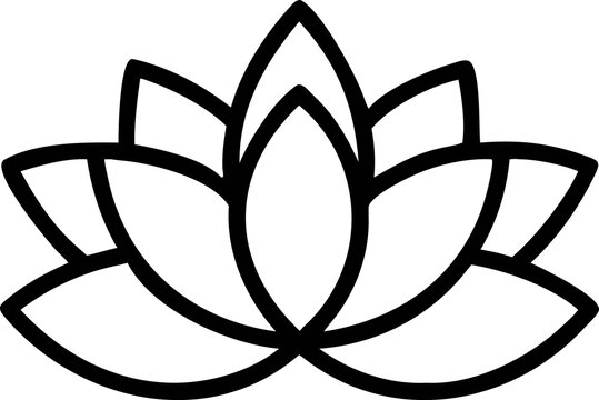 Minimalist lotus flower icon, black line art lily symbol, zen yoga wellness logo element on white background