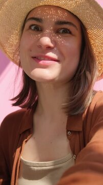 Vertical video of young beautiful woman in brown shirt and straw hat making video call with phone on vacation on sunny pink background	