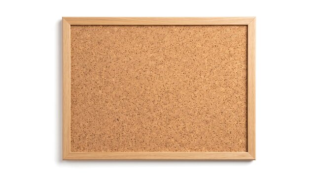 A professional rectangular wooden frame cork bulletin board isolated on a clean white background perfect for office planning and pinning important notes or memos for organization and display purposes