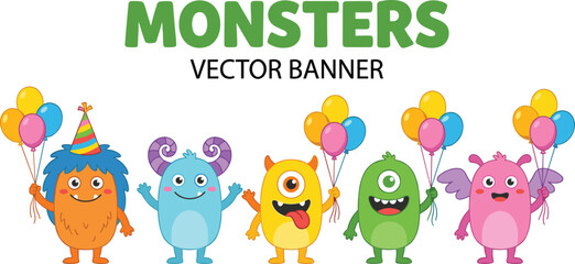 Fototapeta premium Cute Little Monsters Cartoon Character Vector Banner with Colorful Birthday Balloons for Kids Party Invitations and Children Holiday Celebration Designs
