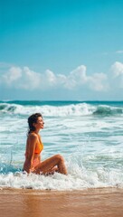 Fototapeta premium Woman Sitting by Ocean Surf on Sunny Beach