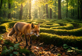 Naklejka premium Wildlife and nature conservation, red fox walking through a mossy forest maze with sunlight filtering through trees