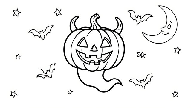 A floating horned pumpkin ghost glides through the starry night sky surrounded by bats and a crescent moon for kids coloring, created with generative ai.
