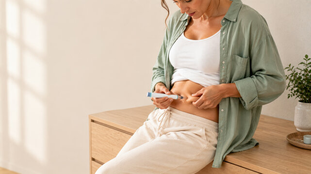 Woman giving IVF fertility hormone injection at home for reproductive medicine, ovarian stimulation and infertility care