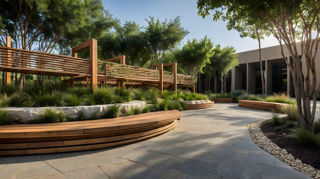 Modern public park landscape design with wooden bench
