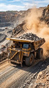 Camion benne g&eacute;ant transportant du minerai dans une mine &agrave; ciel ouvert