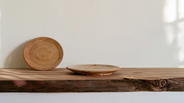 Empty stoneware plate on a rough-sawn timber counter, featuring a mocha brown glaze and rustic texture for restaurant and bar menu design