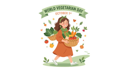 Fototapeta premium Vector illustration of a happy woman carrying a basket of fresh vegetables celebrating World Vegetarian Day, ideal for banners, posters, and health campaigns.