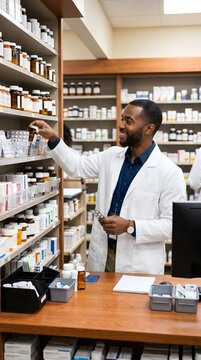 Smiling african american pharmacist in white lab coat reaching for medicine bottle on pharmacy shelf with pharmacist pharmacy medicine