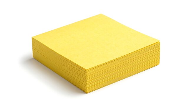 A stack of bright yellow square adhesive paper notes isolated on a clean white background for office memo planning