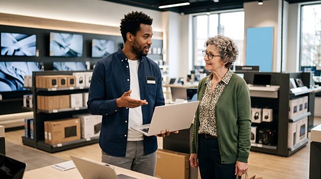 Sales assistant holding laptop computer helping senior customer shopping in electronics consumer store with salesman customer electronics