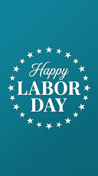 Happy Labor Day text inside a circular star wreath on a teal background.