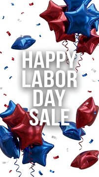 Happy Labor Day sale vertical banner with red and blue star balloons.