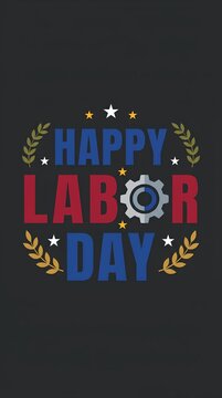 Happy Labor Day graphic with gear icon and laurel wreath.