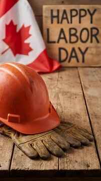 Labor Day Canada concept with hard hat, gloves, and Canadian flag on wood.
