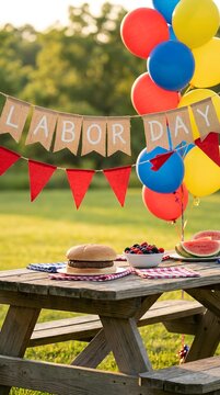 Labor Day picnic scene with burgers and patriotic decorations.