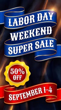 Labor Day weekend super sale banner with blue ribbons and gold badge.