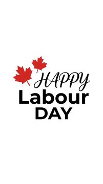 Minimalist Happy Labour Day text design with red maple leaves on white.