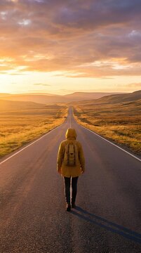 Traveler walking on an open highway at sunset.