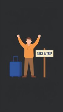 Traveler with suitcase standing next to take a trip sign.