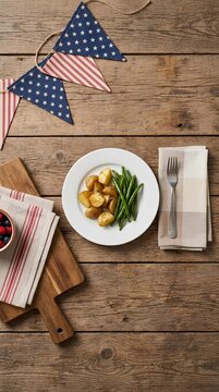 Table setting with food and patriotic bunting decorations.