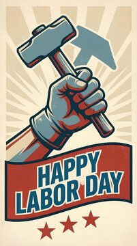 Vintage Happy Labor Day poster featuring fist holding hammer with sunburst background.
