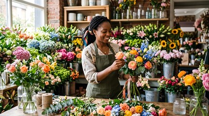 Fototapeta premium Smiling african american woman florist arranging a fresh flower bouquet inside her blooming flower shop surrounded by colorful plants
